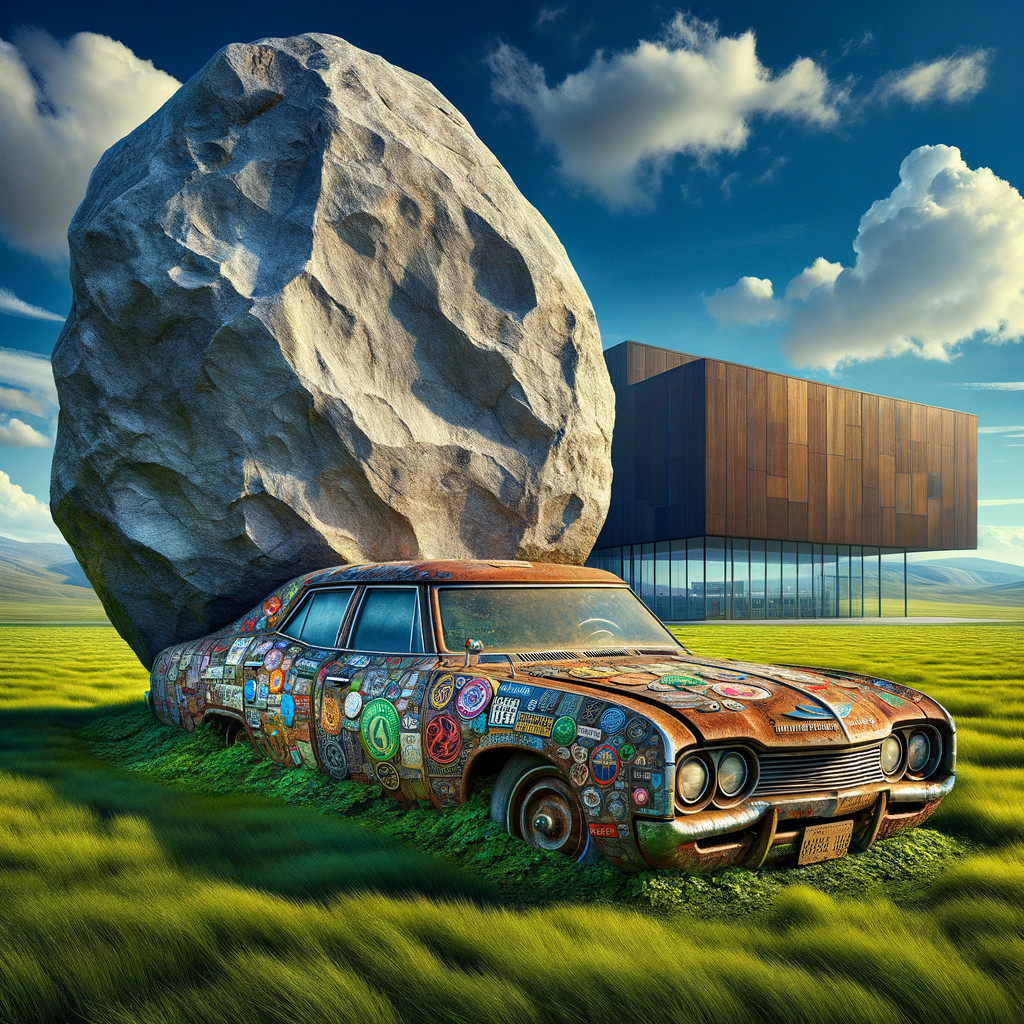 Old Rusted Car with Stickers Near Modern Building