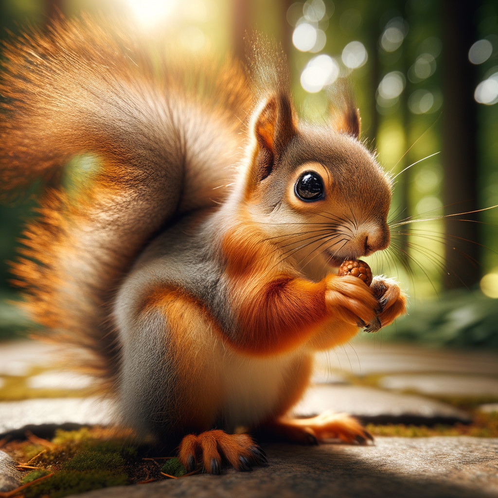 Squirrel Eating Acorn in Sunlit Forest Setting