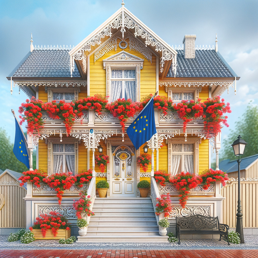 Victorian-style yellow house with floral accents