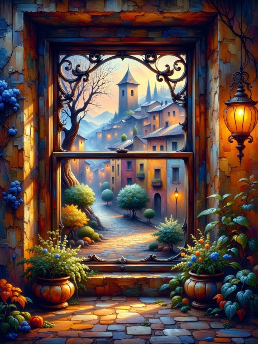 Picturesque Village View Through Ornate Window Frame