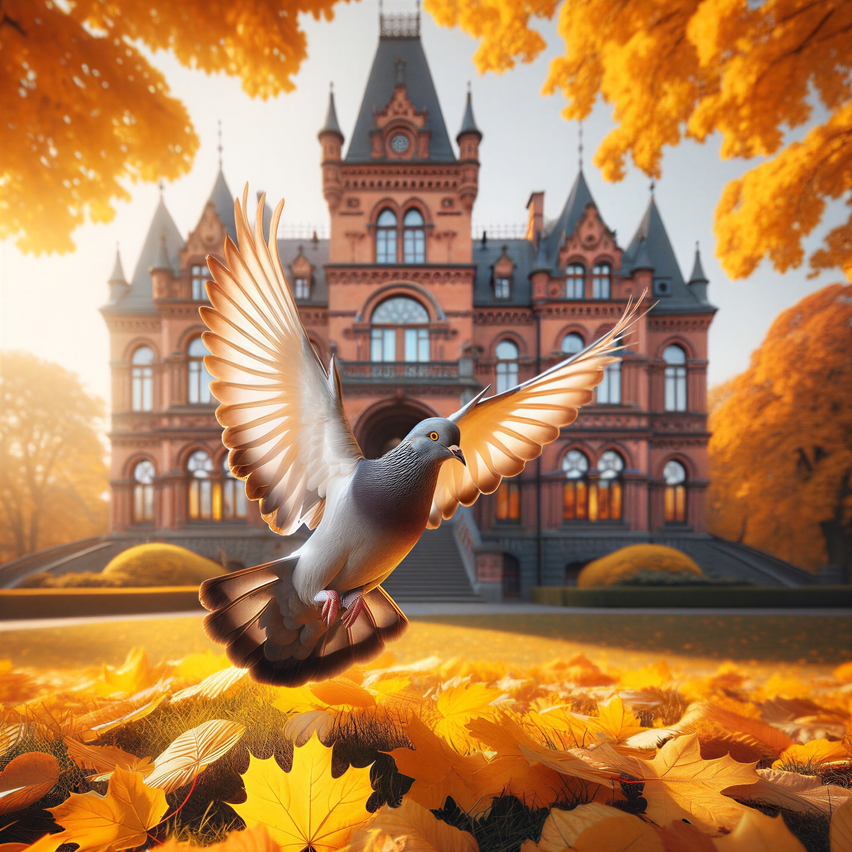 Majestic Pigeon Near Ornate Castle in Autumn Setting