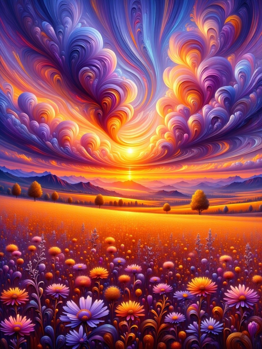 Vibrant Sunset Over a Golden Flower Field and Mountains