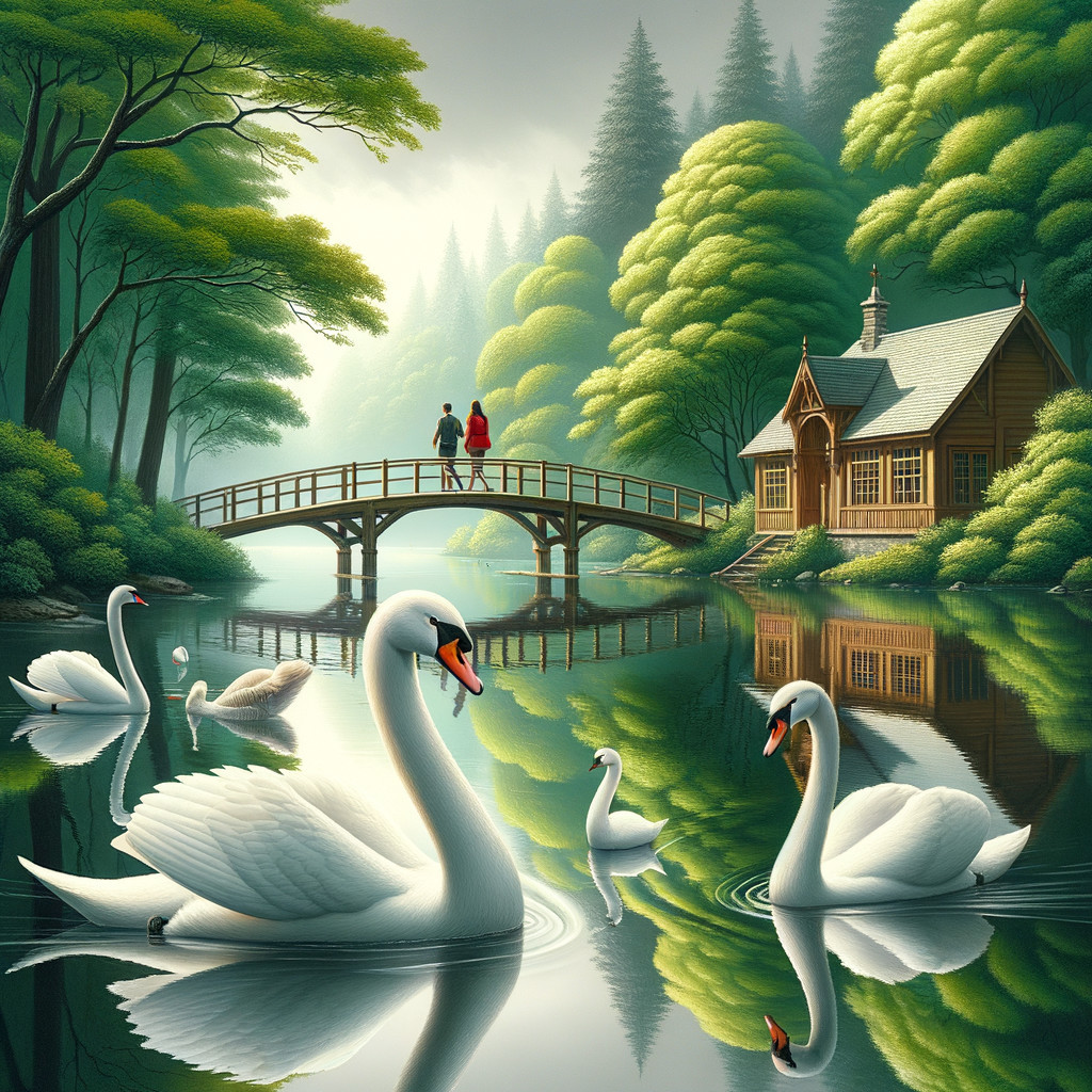 Serene Lake Landscape with Swans and Wooden Bridge