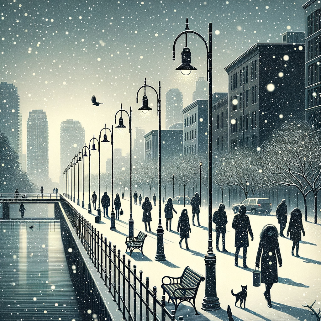 Monochromatic Winter Scene with Snowy River and Street