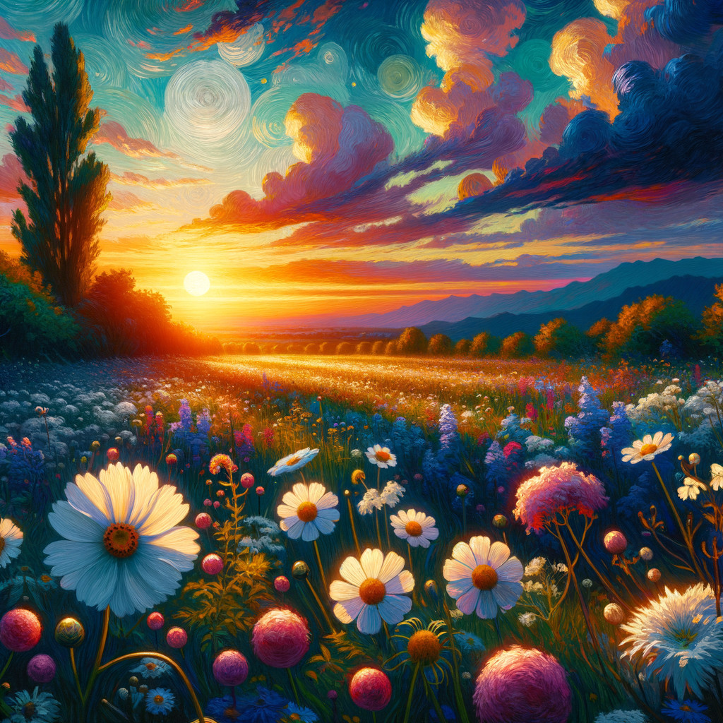 Vibrant Sunset Landscape with Colorful Wildflowers