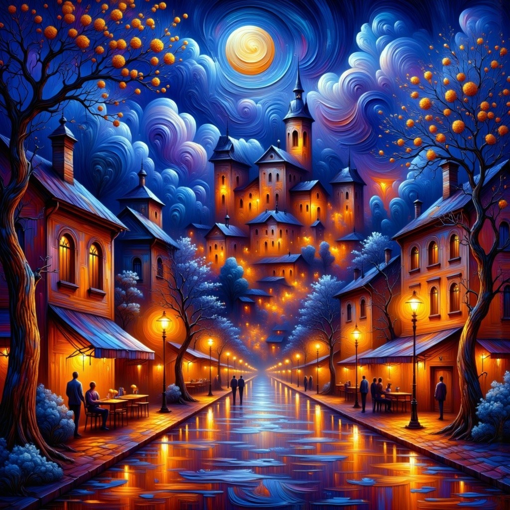 Vibrant Night Scene with Castle and Charming Cafes