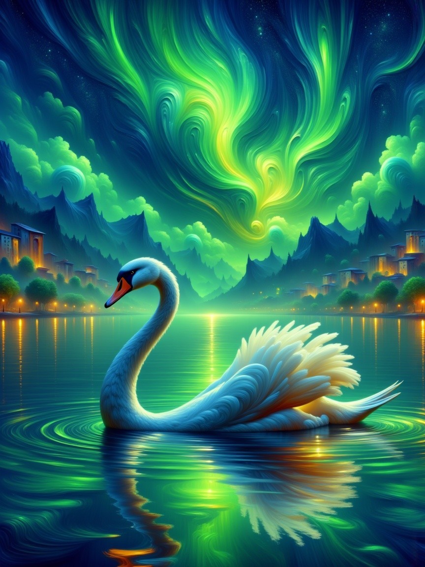 Serene Swan on Tranquil Lake Under Aurora Sky