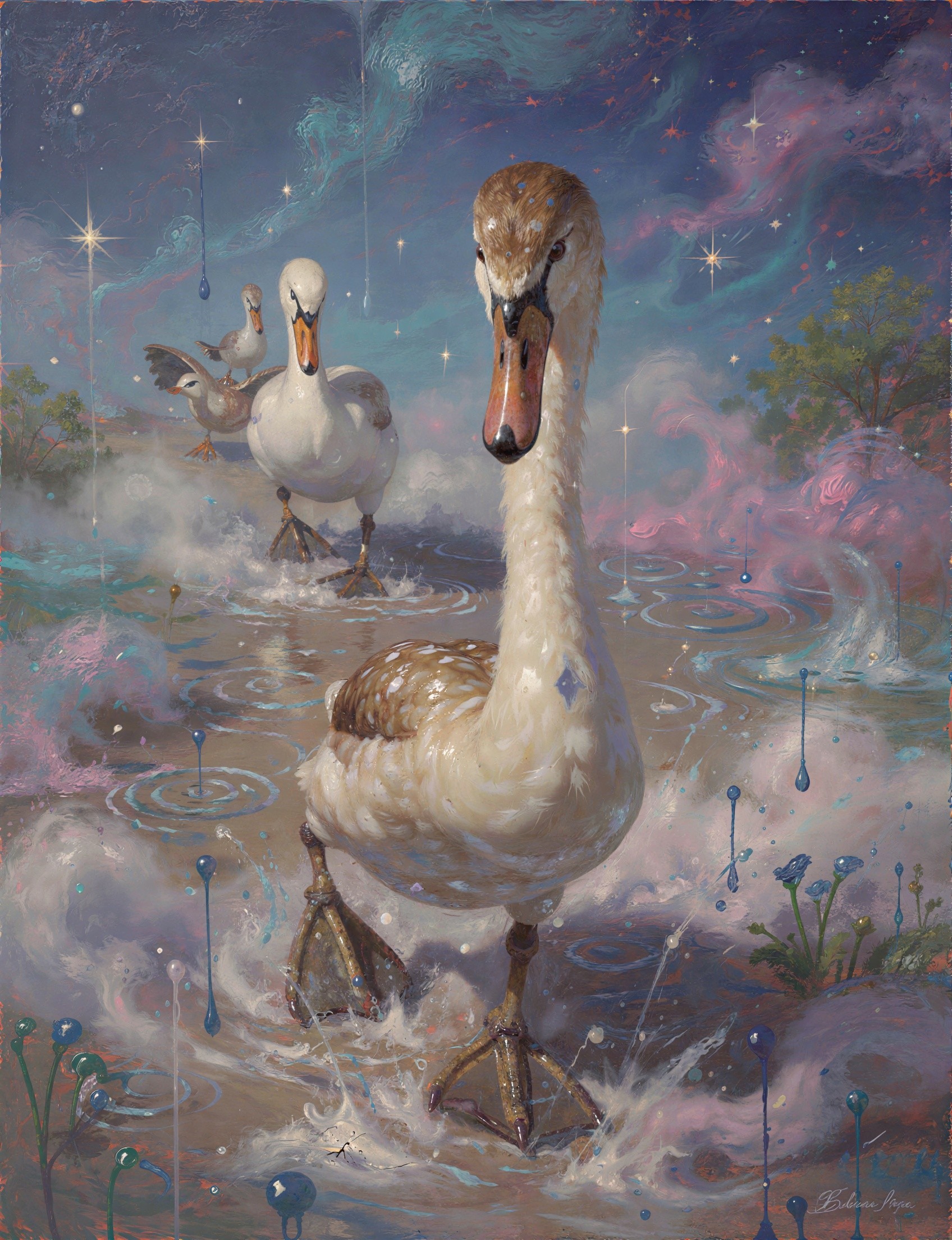 Close-up of a giant swan in shallow water