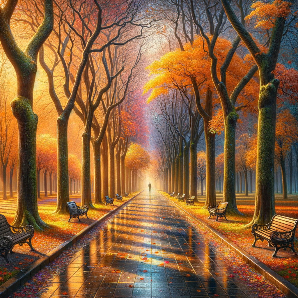 Tranquil Autumn Pathway with Bare Trees and Leaves