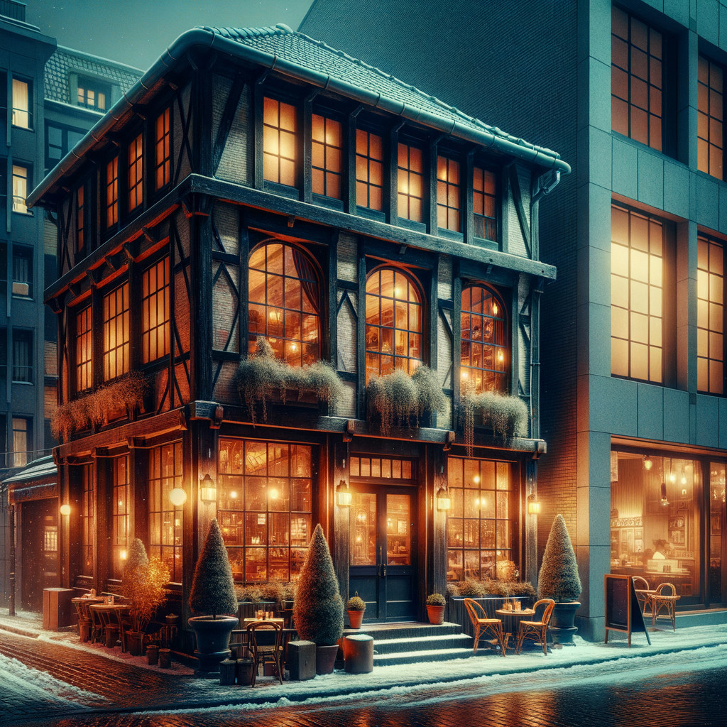 Charming Two-Story Café with Warm Arched Windows