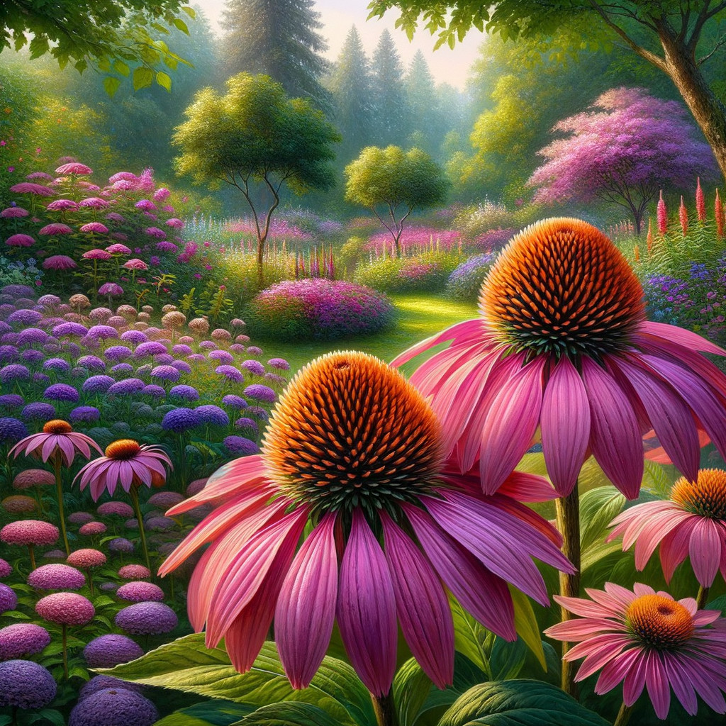 Vibrant garden scene with colorful blooming flowers