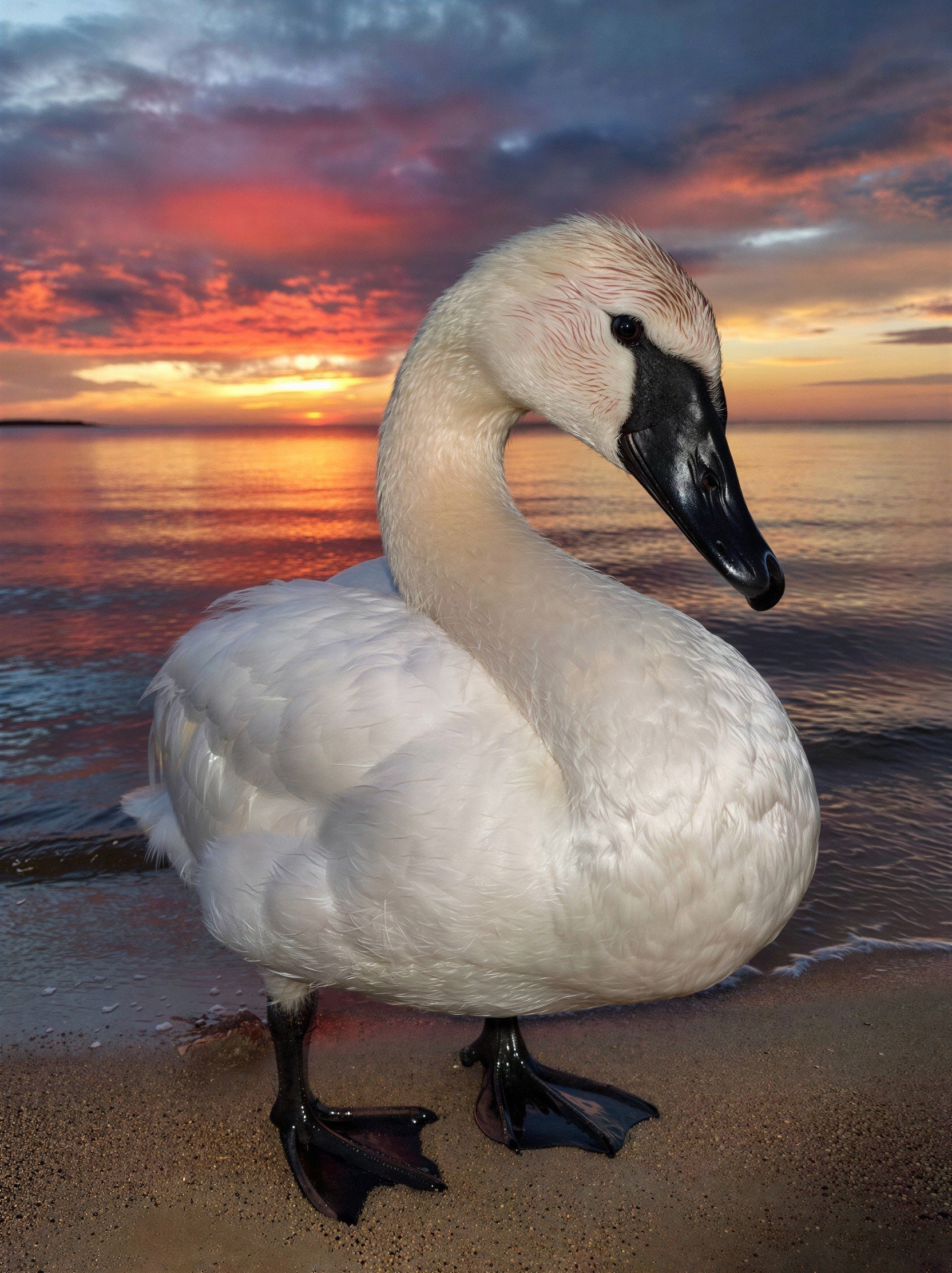 Close-up of a white swan at a sunset lake beach