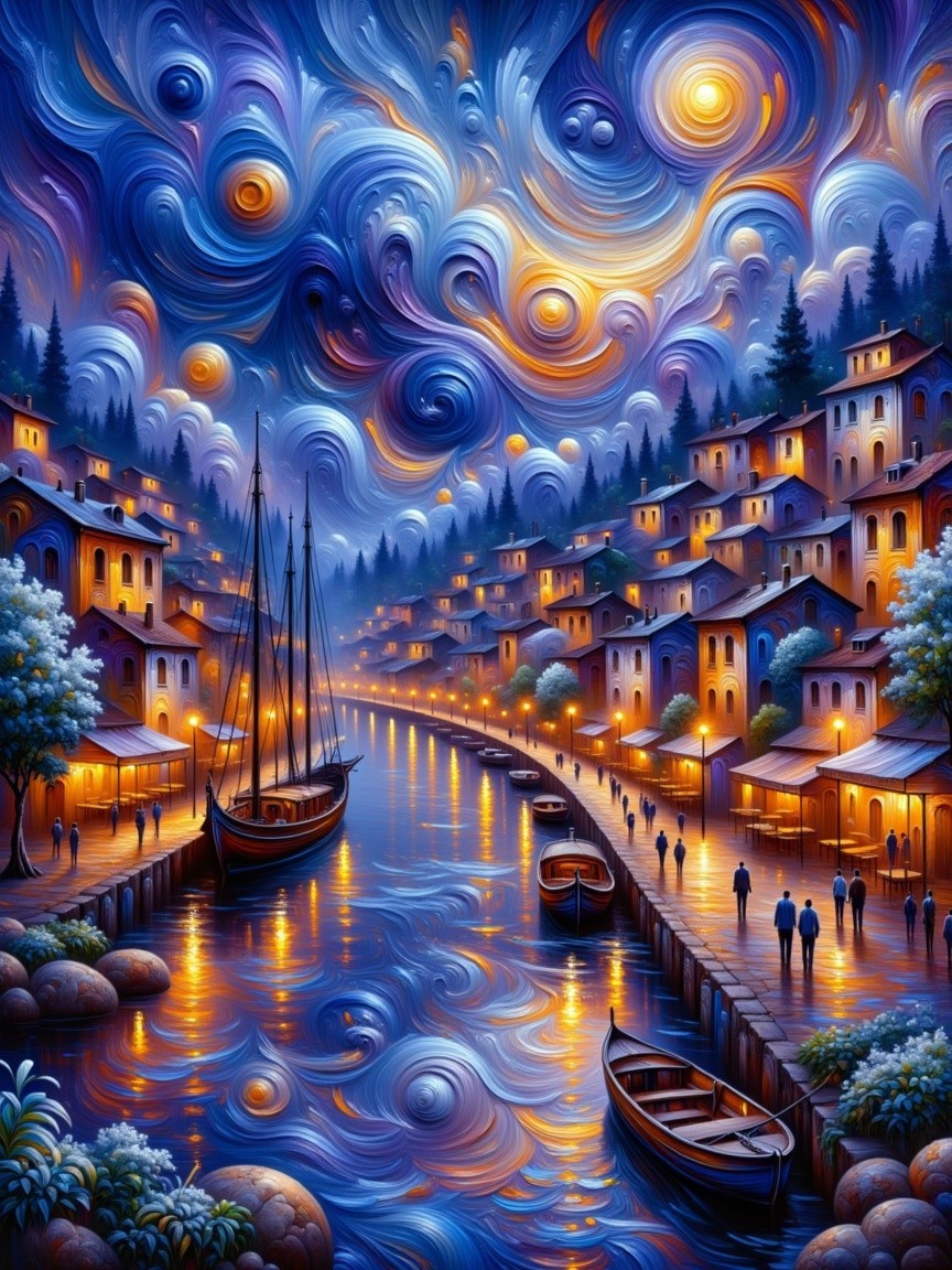 Vibrant Night Scene of a Riverside Town with Lights