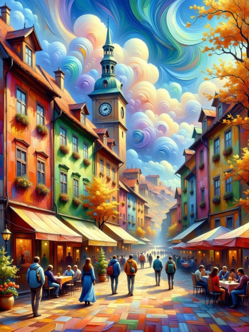 Vibrant Street Scene with Colorful Buildings and Clock Tower