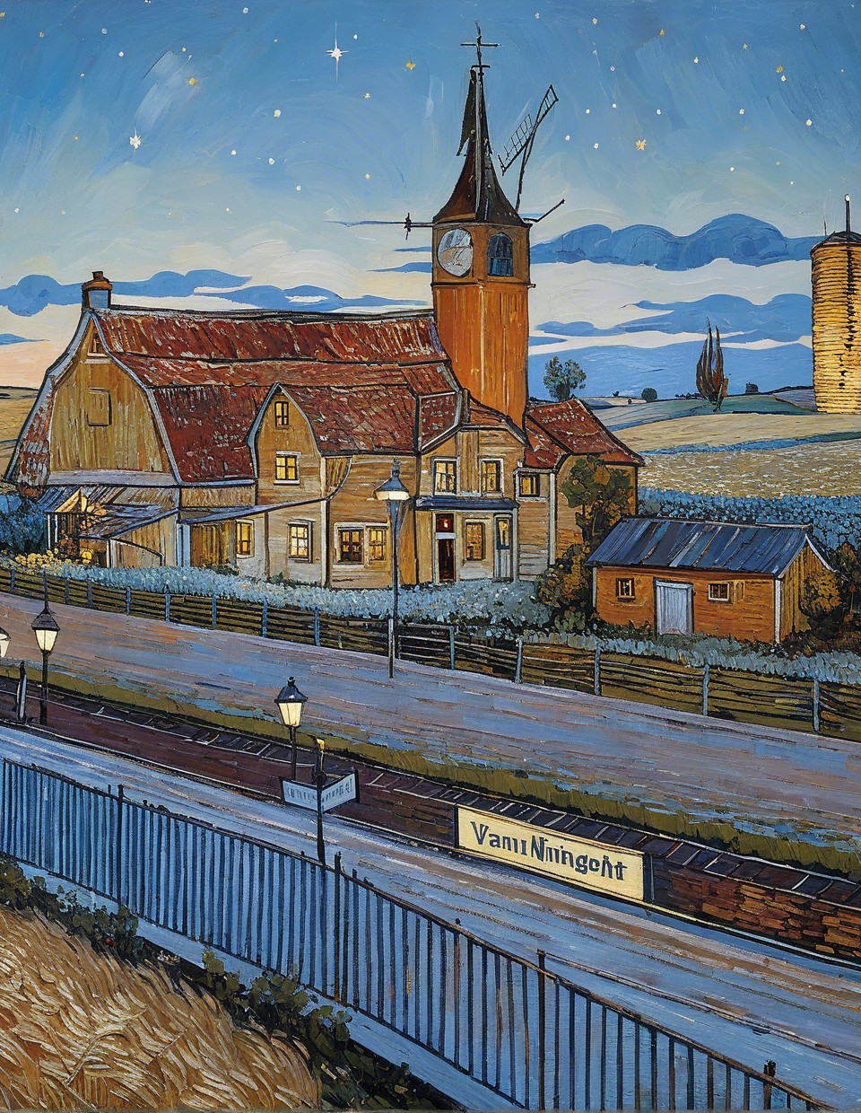 Train Station Platform with Residential Buildings and Clock Tower