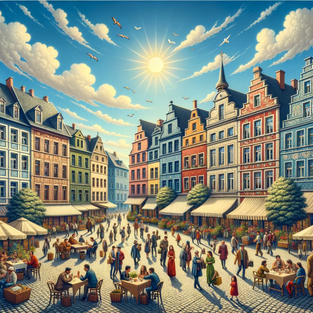 Vibrant Town Square with Historic Buildings and Cafés