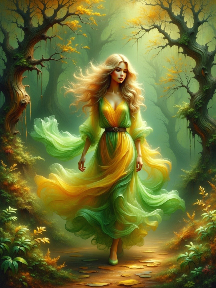 Ethereal Woman in Flowing Gown in Mystical Forest