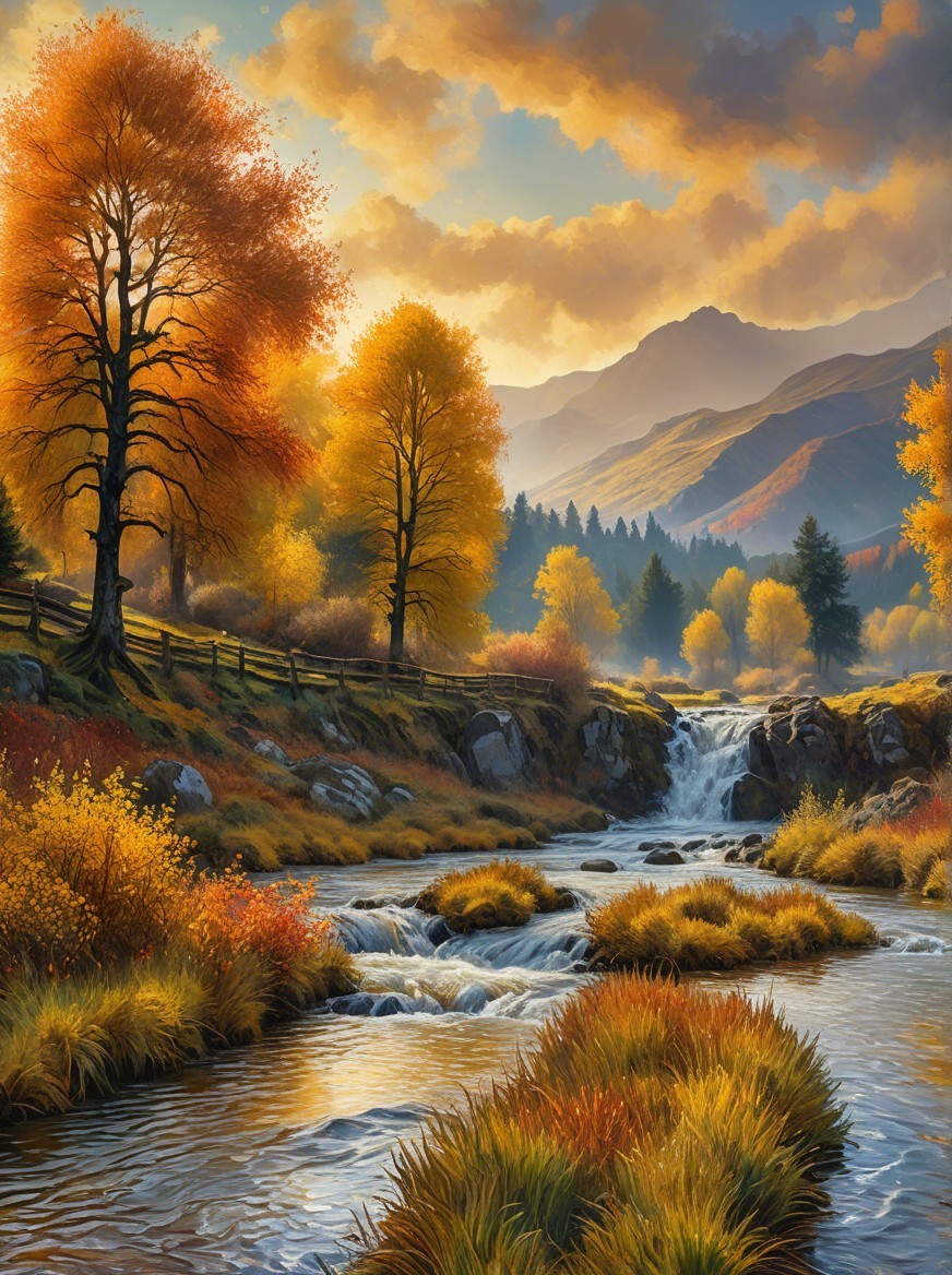 Tranquil Autumn Landscape with Stream and Mountains