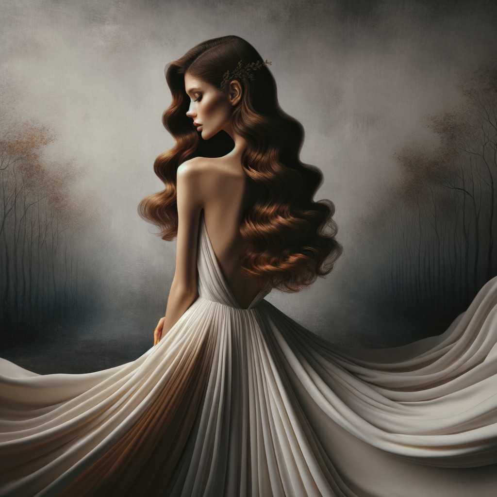 Elegant Woman in Backless Gown in Misty Forest