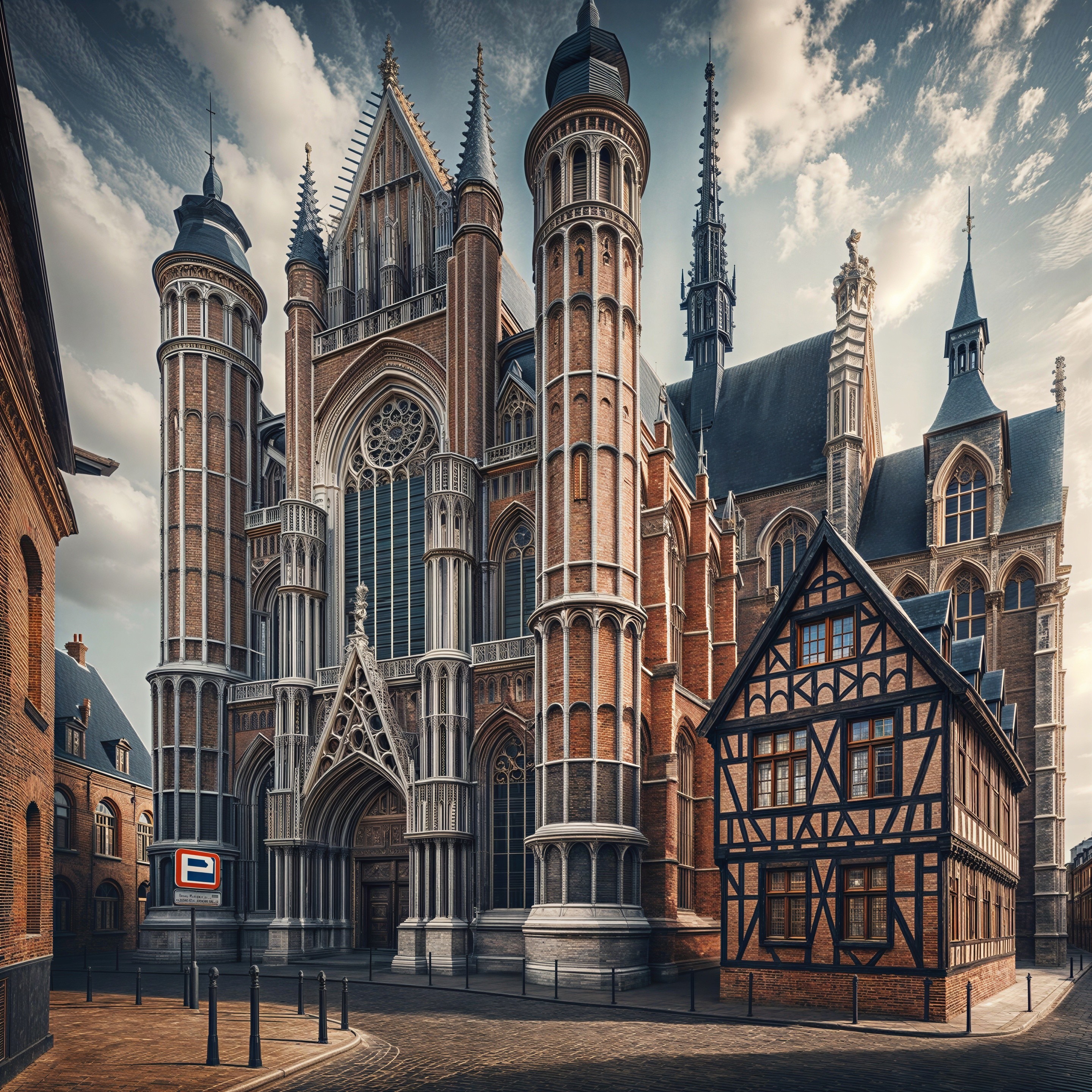 Gothic Cathedral and Half-Timbered House Scene