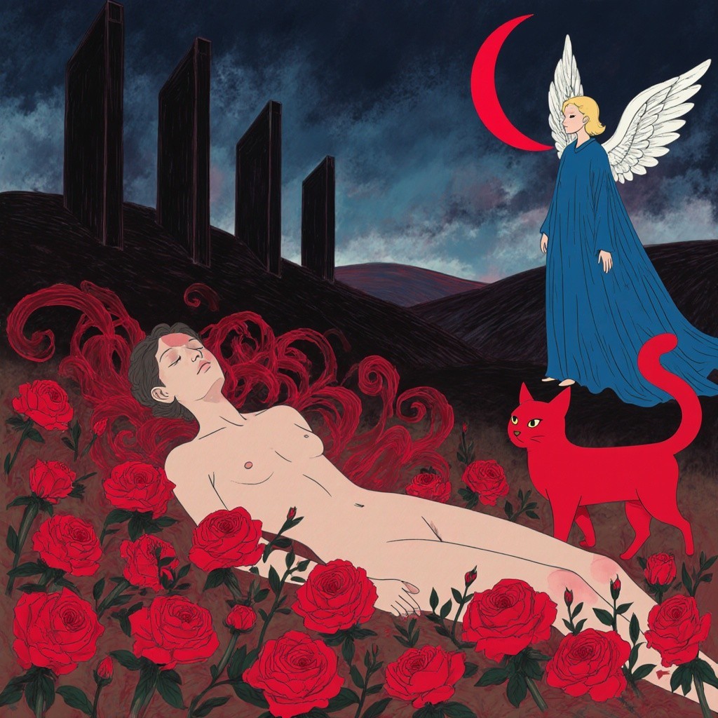 Surreal Scene with Figure, Roses, and Ethereal Angel