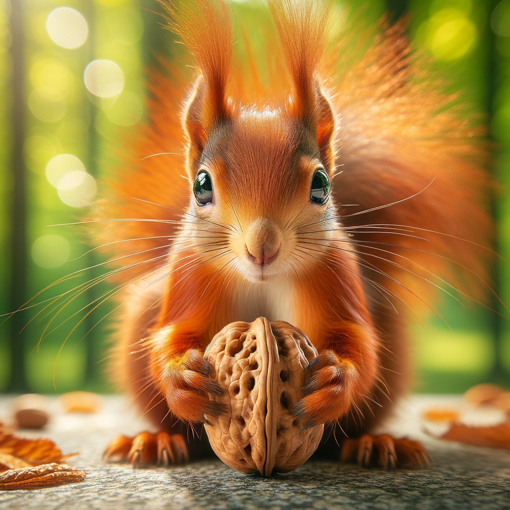 Fluffy Red Squirrel Holding a Walnut in Forest Setting
