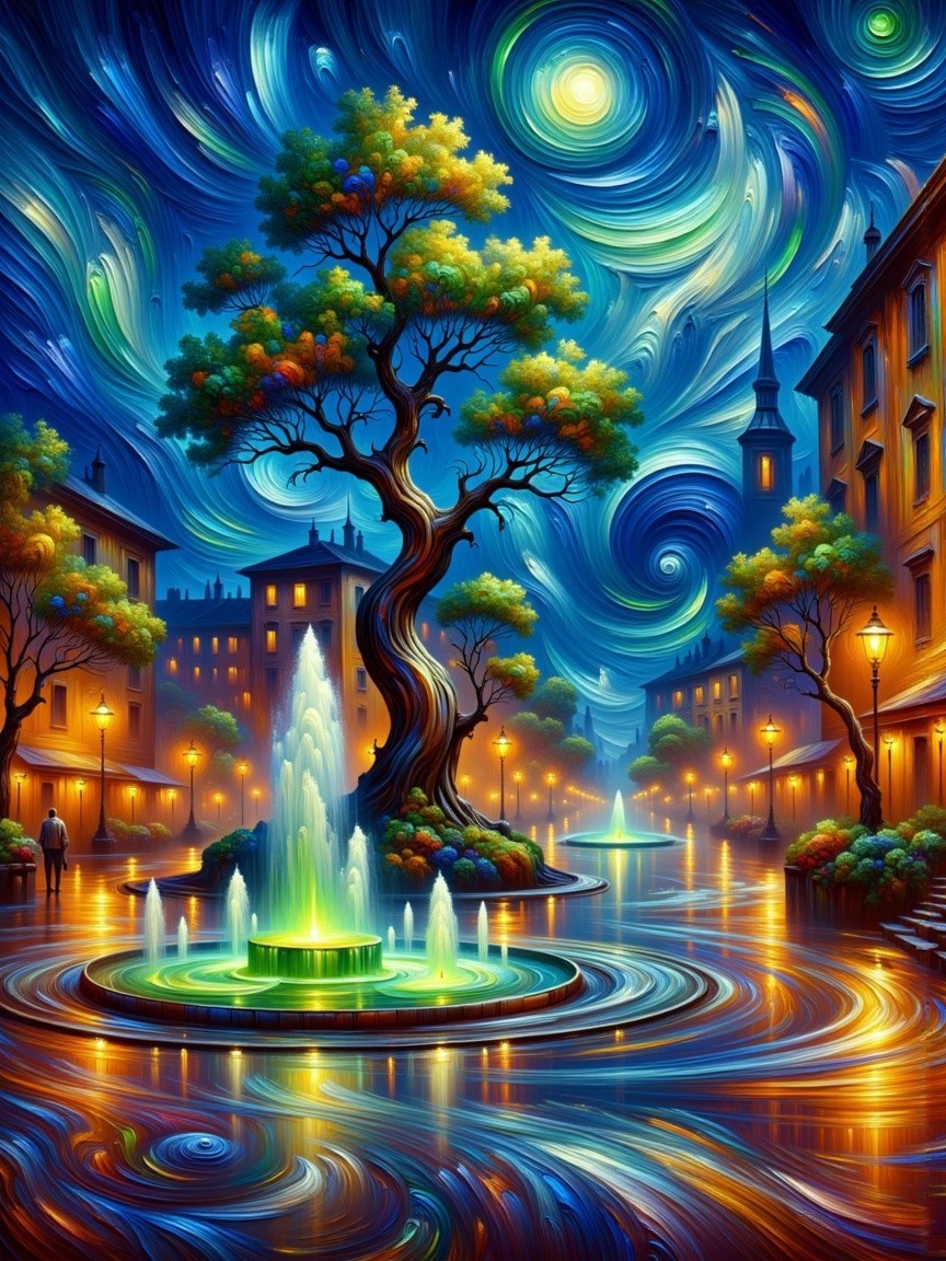 Vibrant Dreamlike Cityscape with Central Fountain