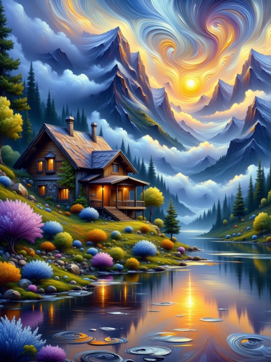 Serene Landscape with Wooden House by Tranquil River