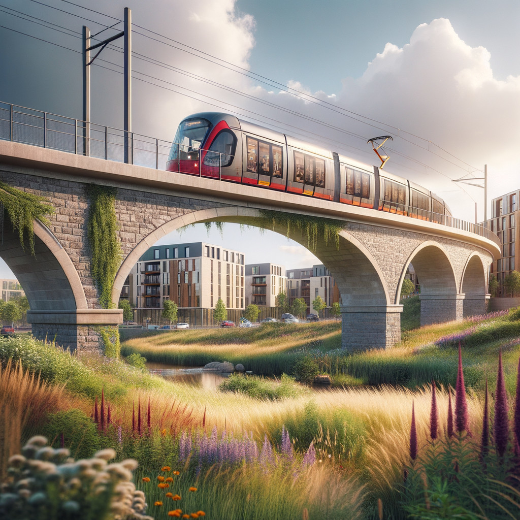 Modern tram on stone bridge with lush greenery