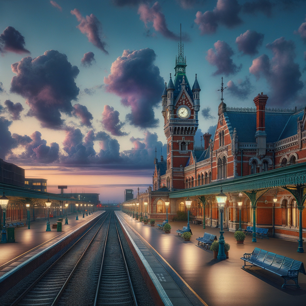 Twilight Train Station with Victorian Architecture and Clock Tower