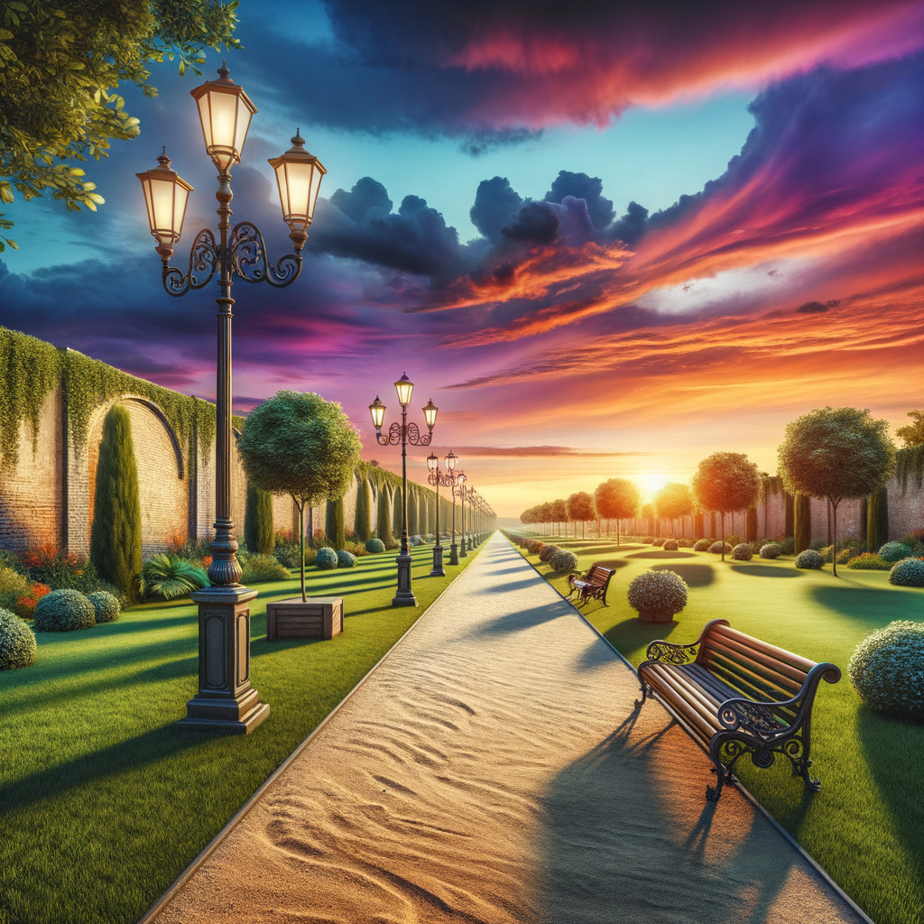 Serene Sunset Park with Pathway and Lush Greenery