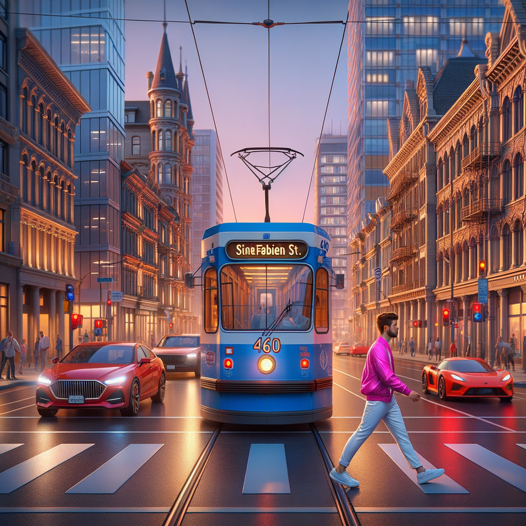Vibrant City Street at Dusk with Classic Blue Tram