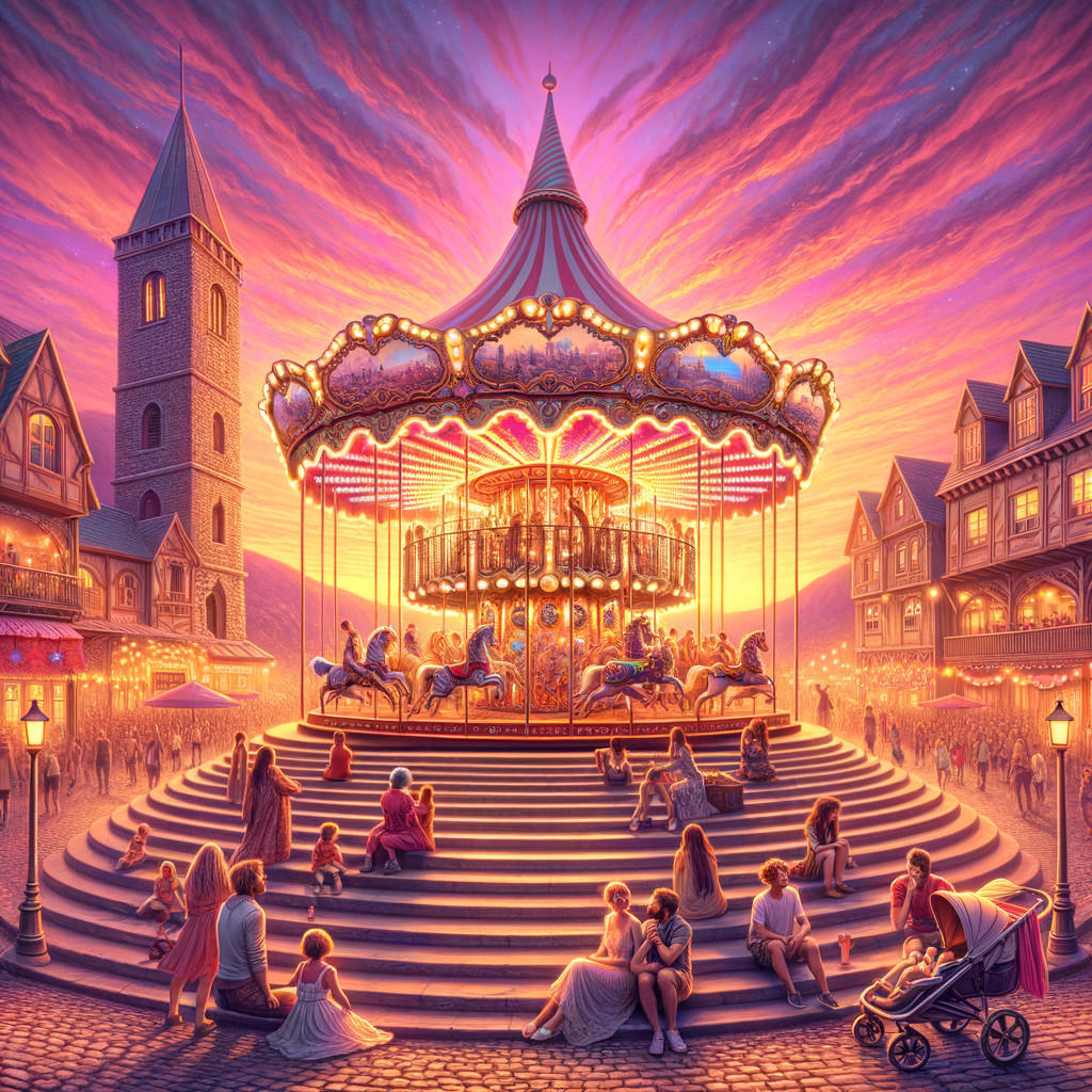 Vibrant sunset over a whimsical carousel in town square