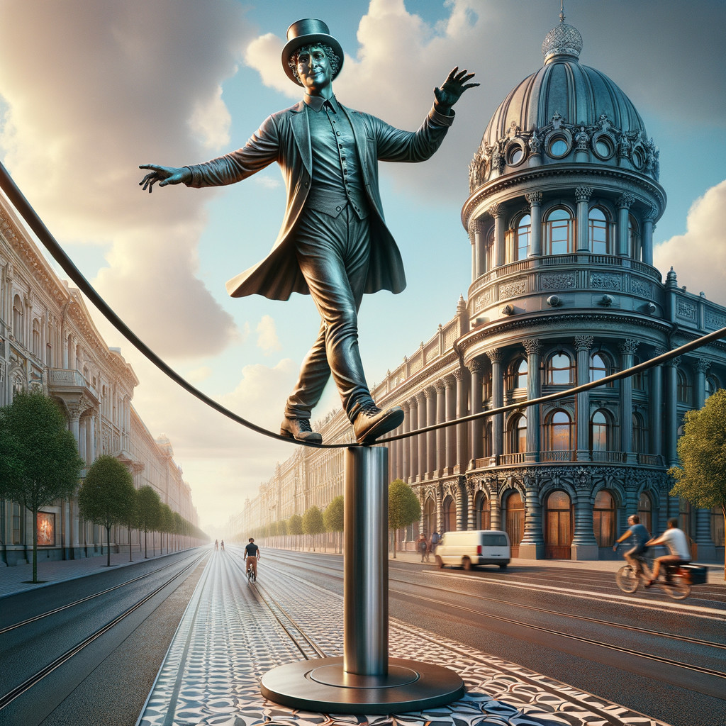 Bronze Tightrope Walker Statue in Urban Setting