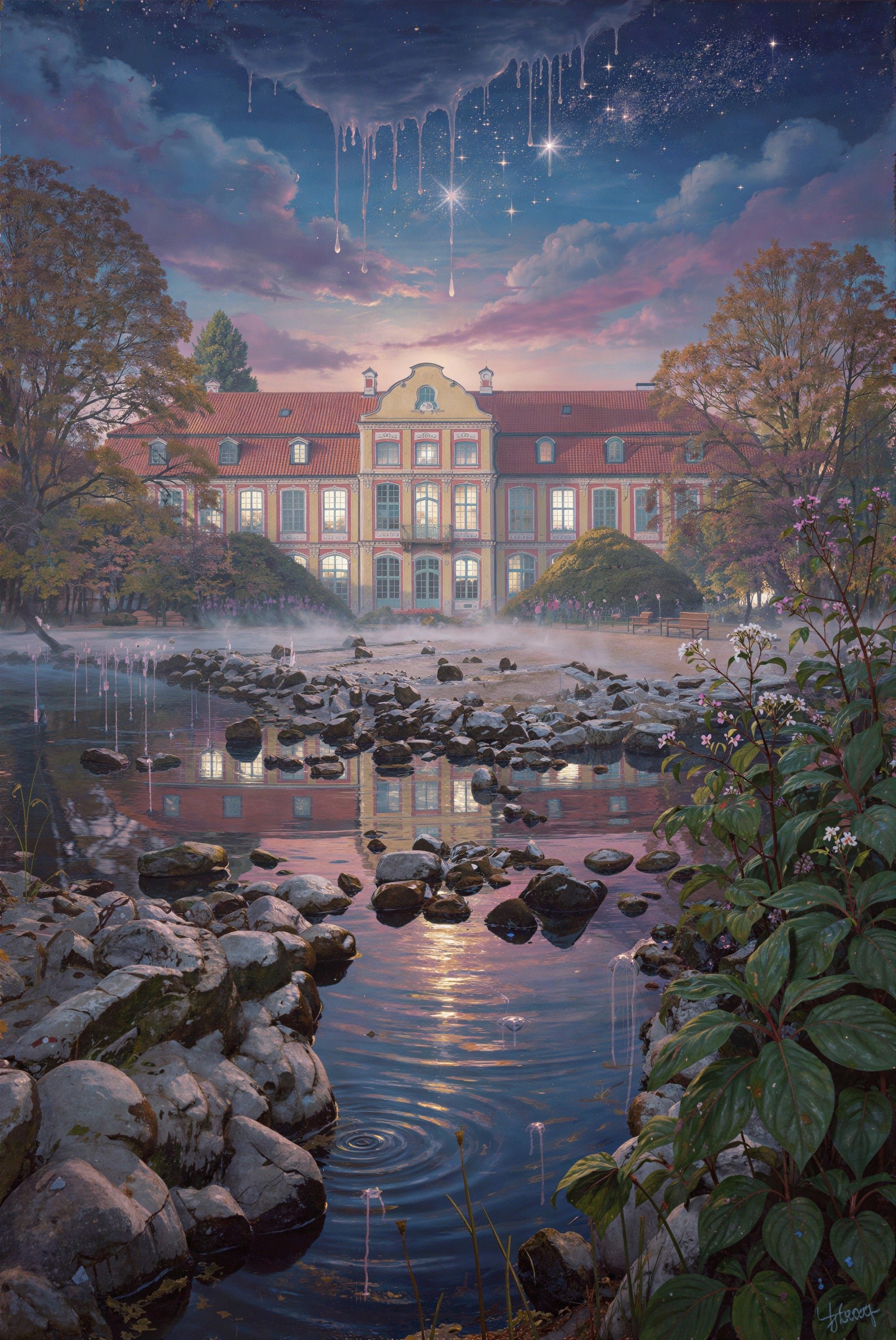Ornate Manor House by a River at Sunset