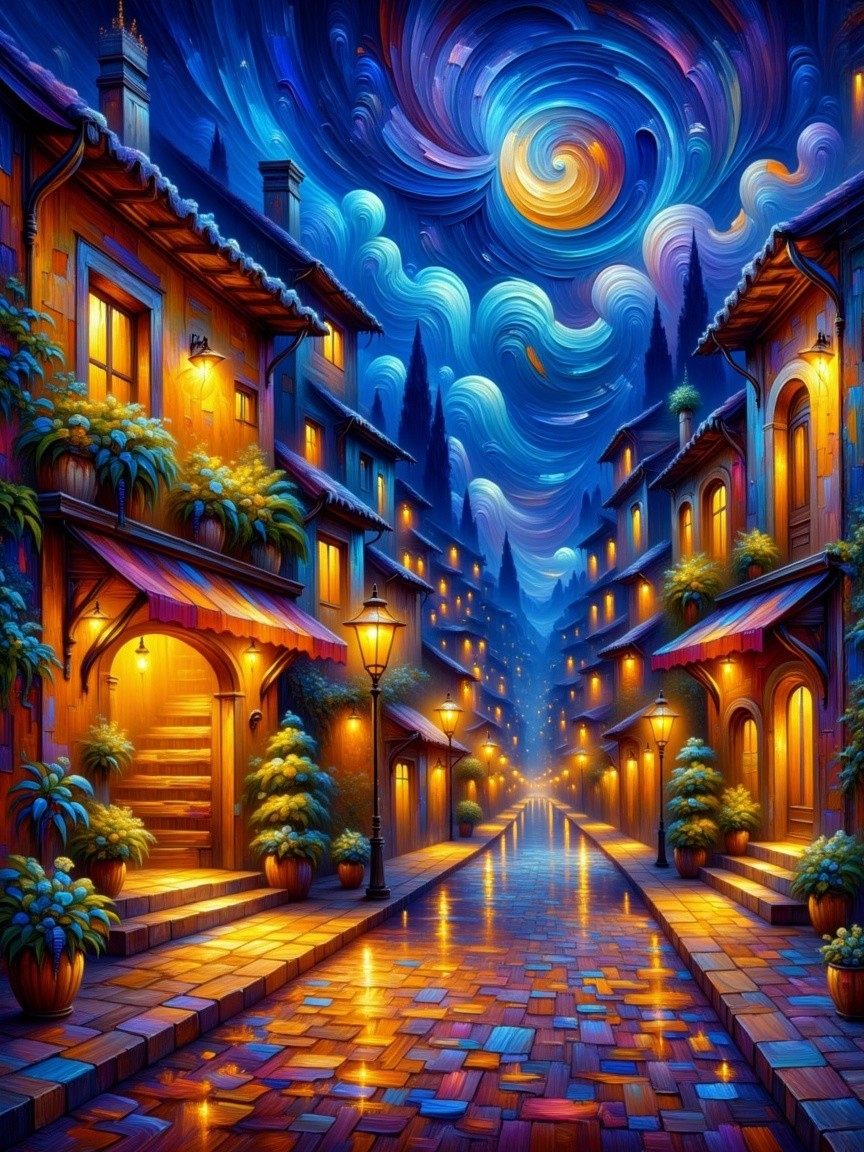 Starry Night Scene with Charming Houses and Lanterns