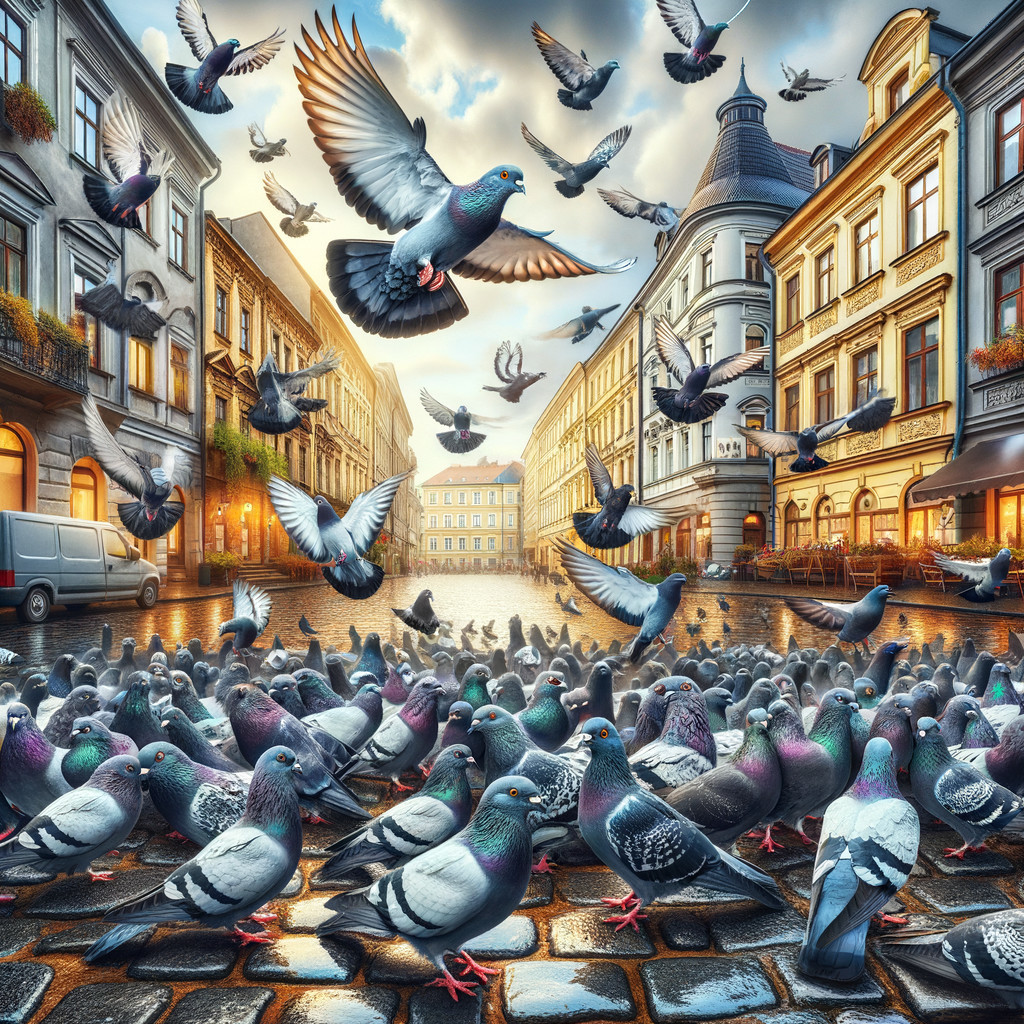 Vibrant City Scene with Pigeons at Sunset