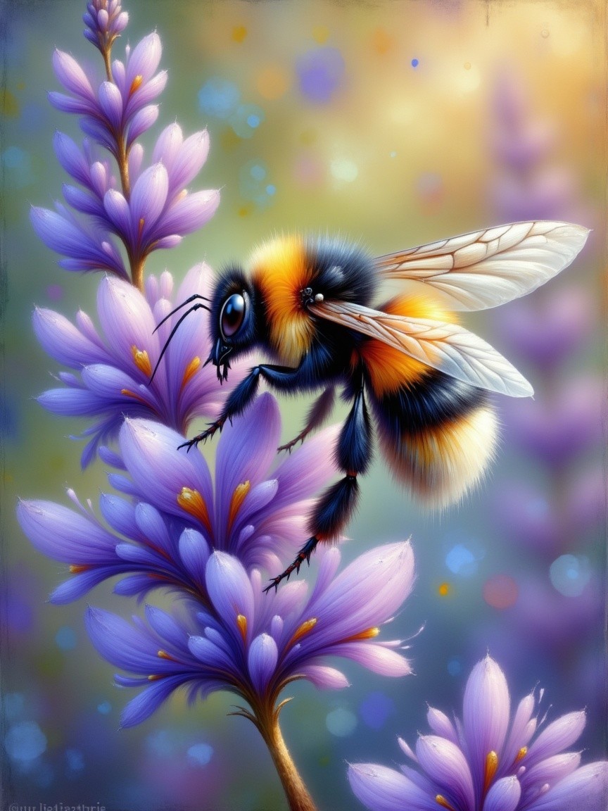 Colorful Bee Over Blooming Purple Flowers Scene