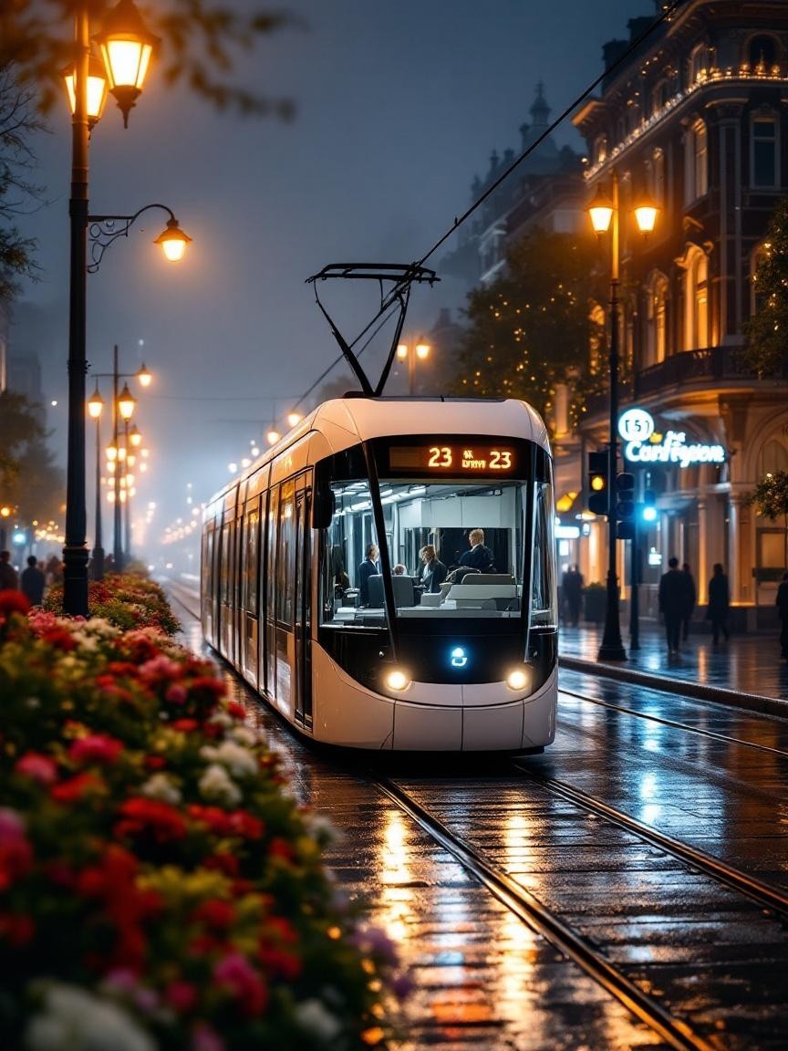 Modern tram on a rainy night with vibrant flowers