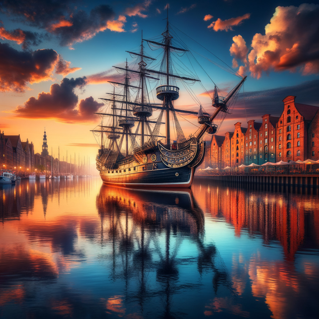 Tall Ship in Tranquil Harbor at Sunset