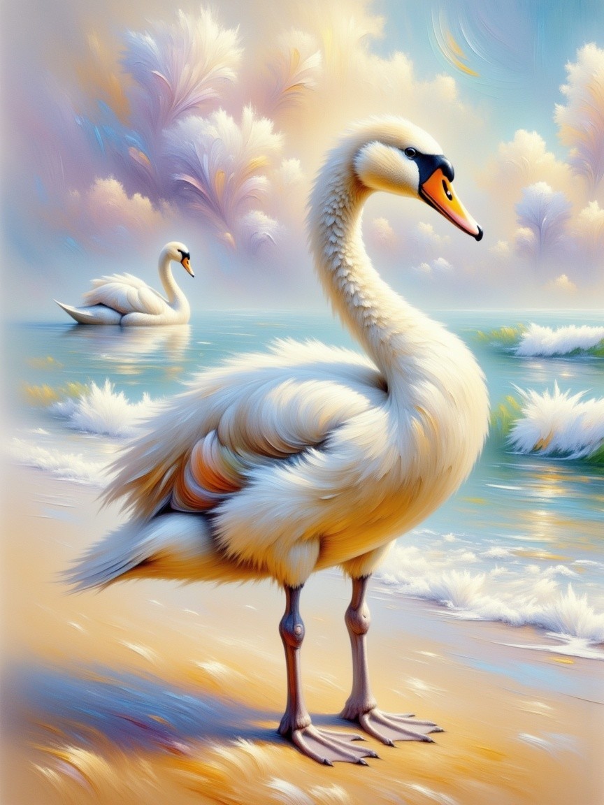 Swan on Sandy Shore with Pastel Sky and Waves