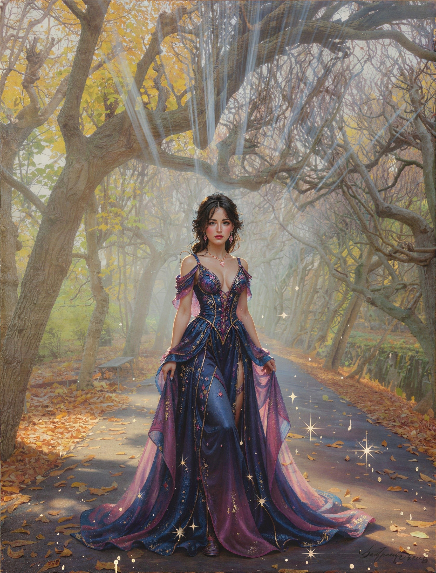 Digital painting of woman in mystical autumn setting