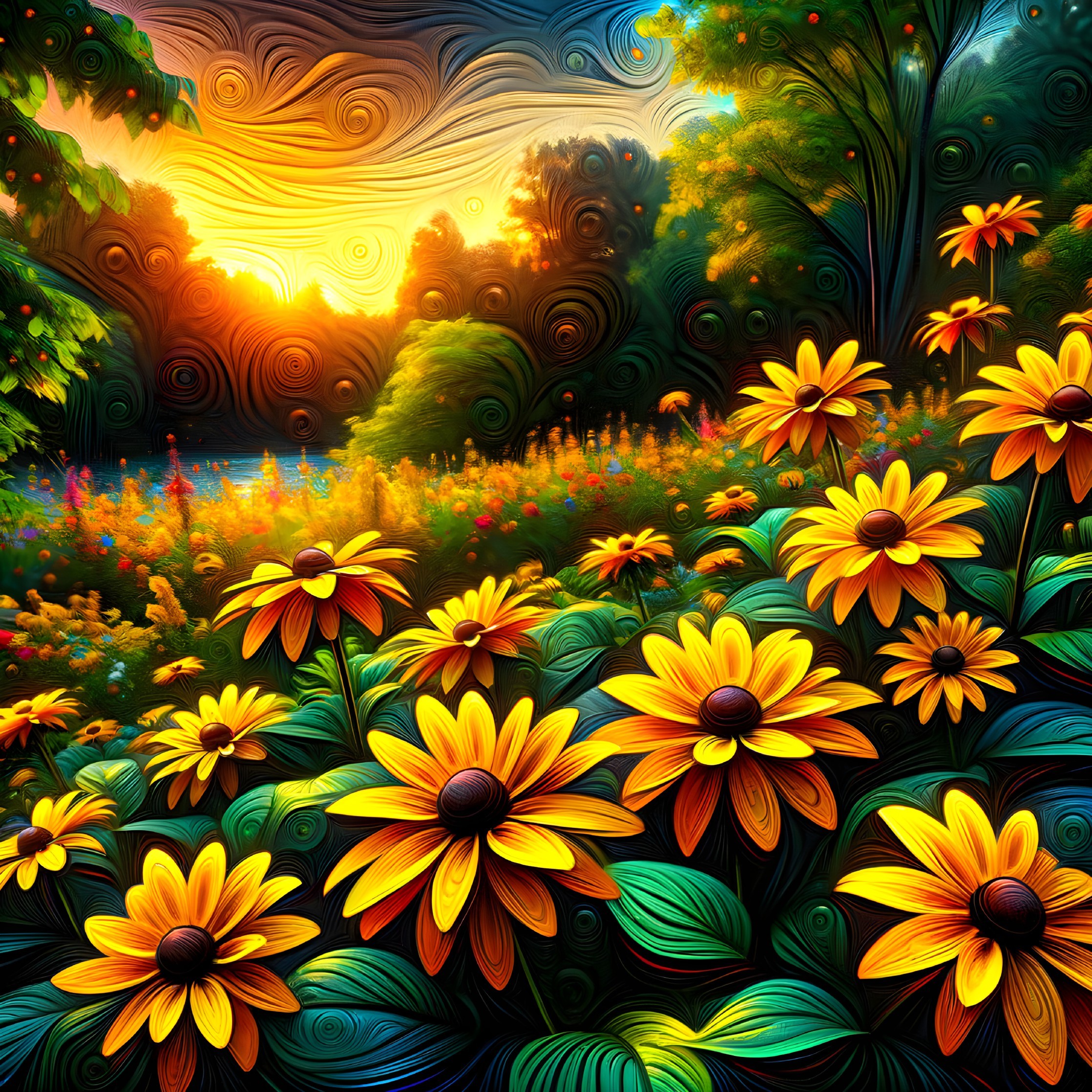 Vibrant garden scene with yellow flowers and sunset