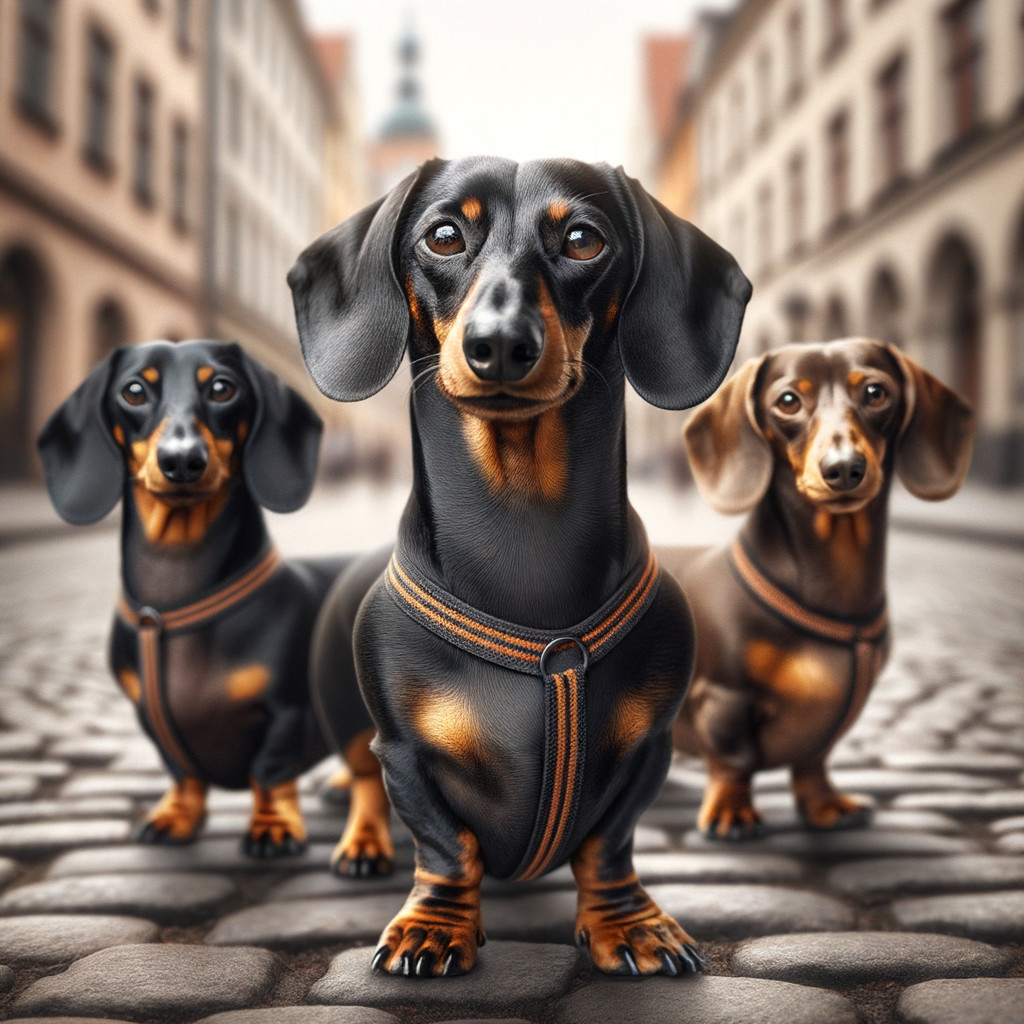Dachshunds on Cobblestone Street with Stylish Harnesses