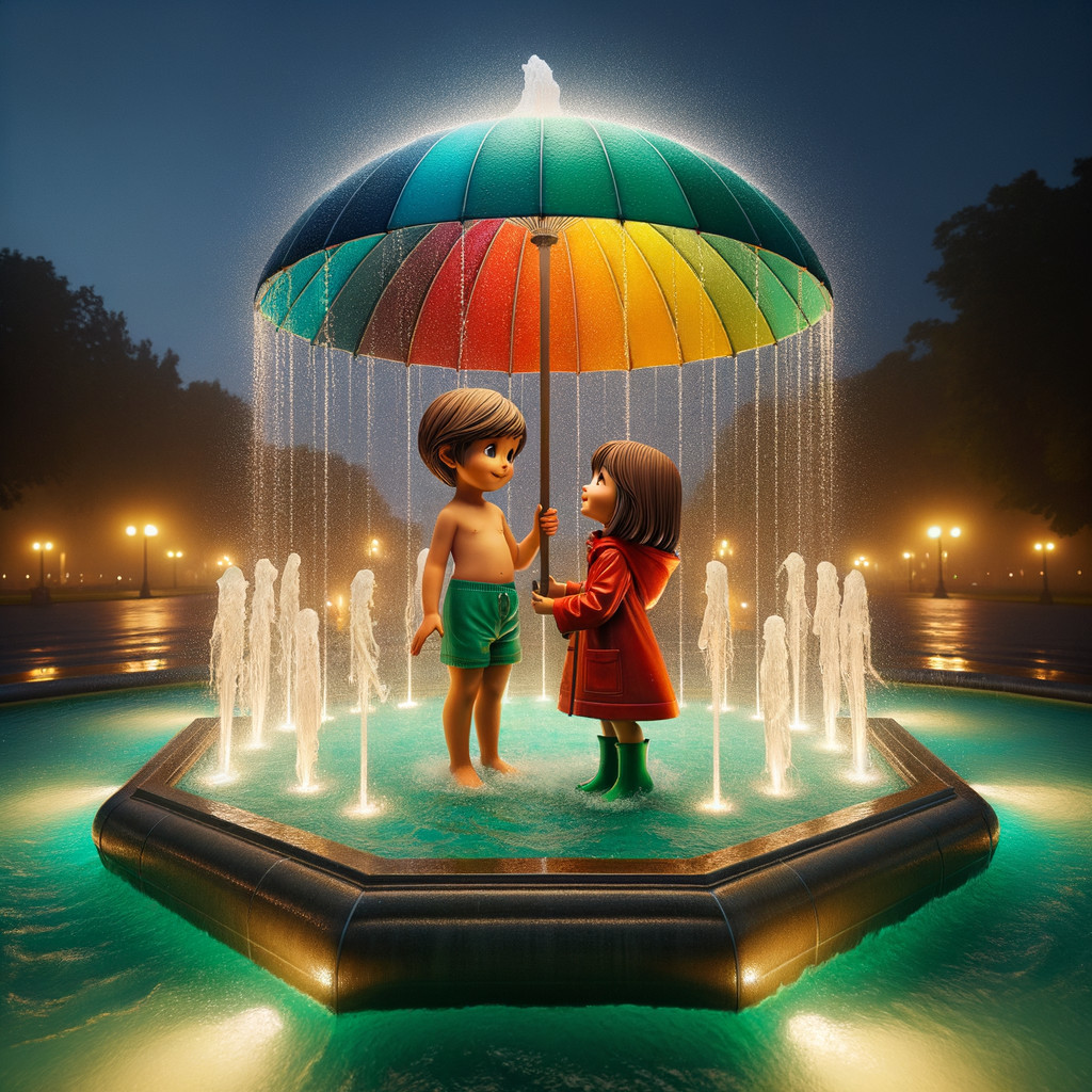 Nighttime Park Scene with Umbrella and Fountains