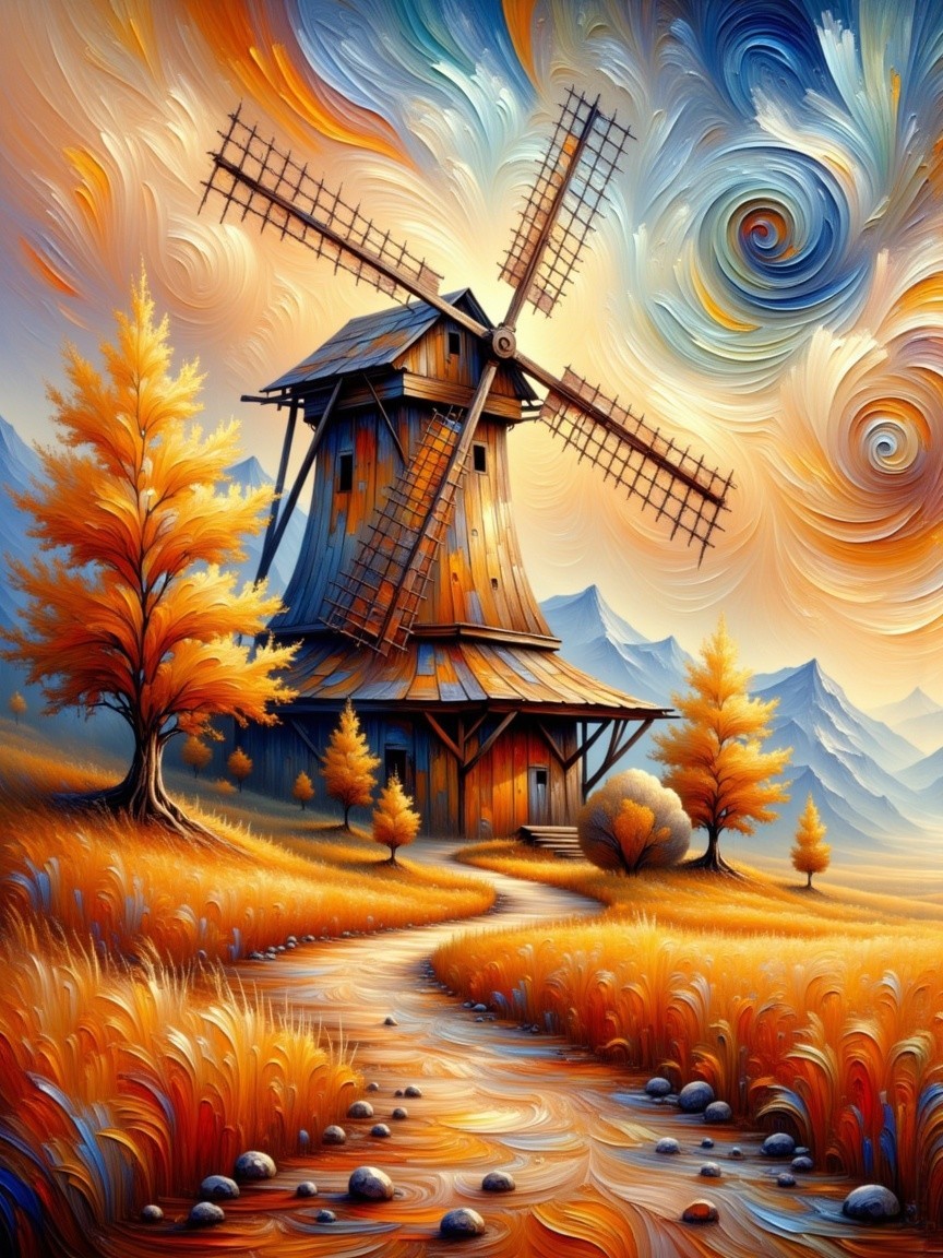 Rustic Windmill in Vibrant Autumn Landscape