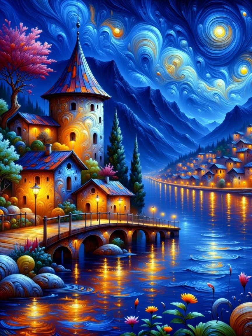 Whimsical Village Scene by a Shimmering Lake