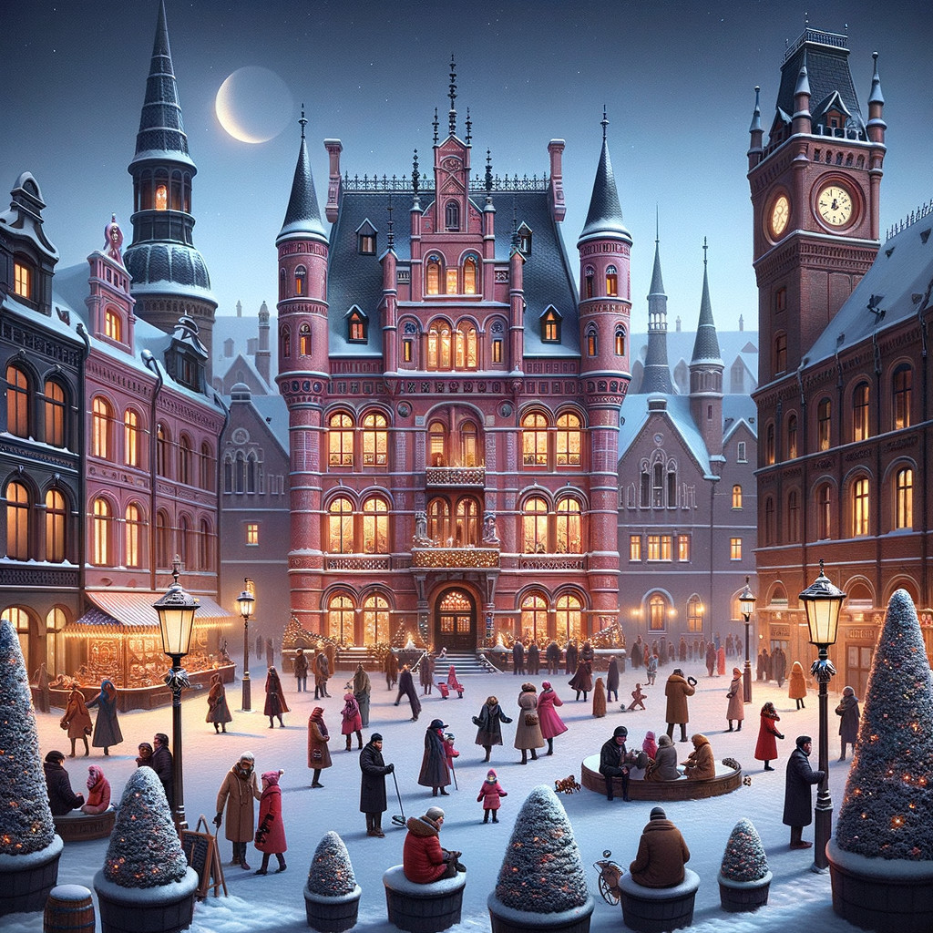 Winter Town Square with Festive Lights and Snow