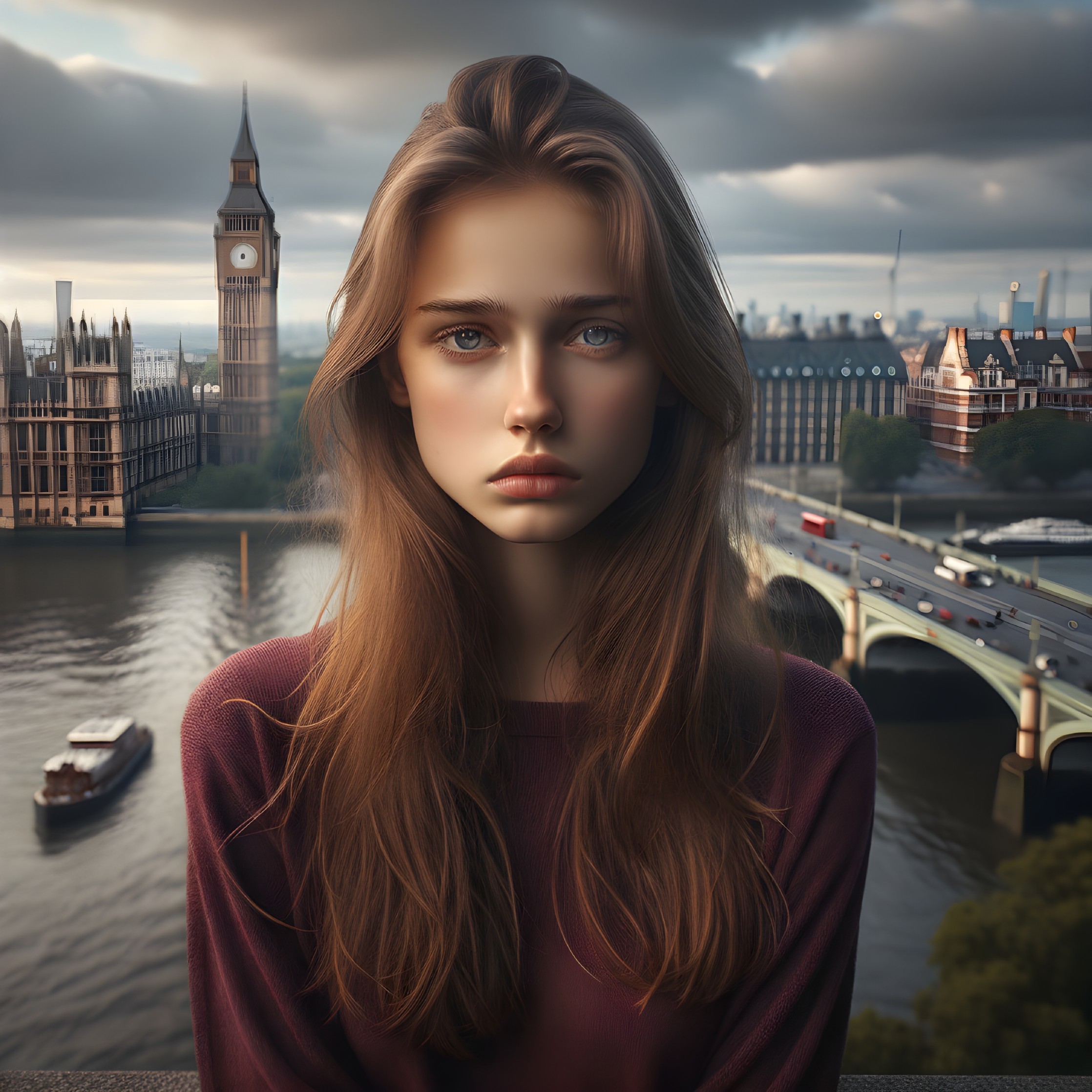Young Woman with Brown Hair in London Scene