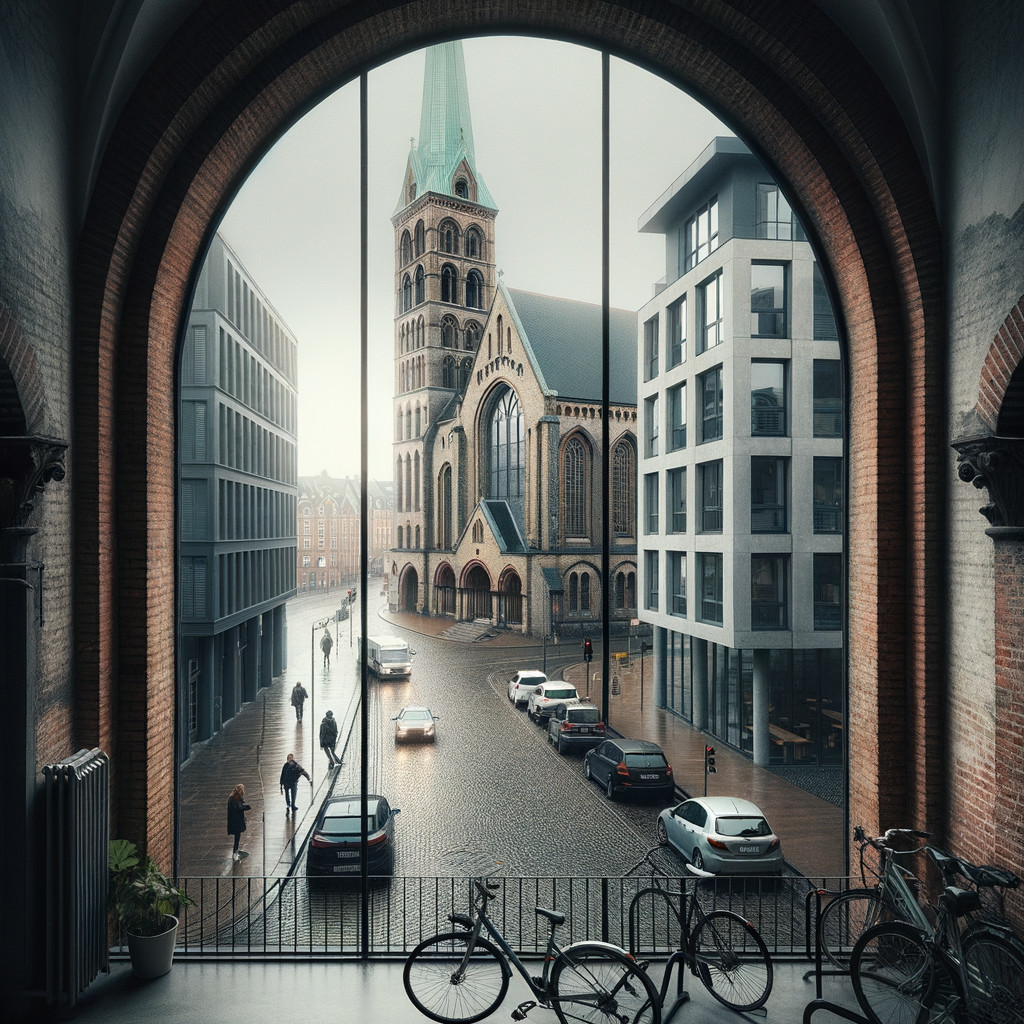 View of Historic Church and Modern Architecture Through Window
